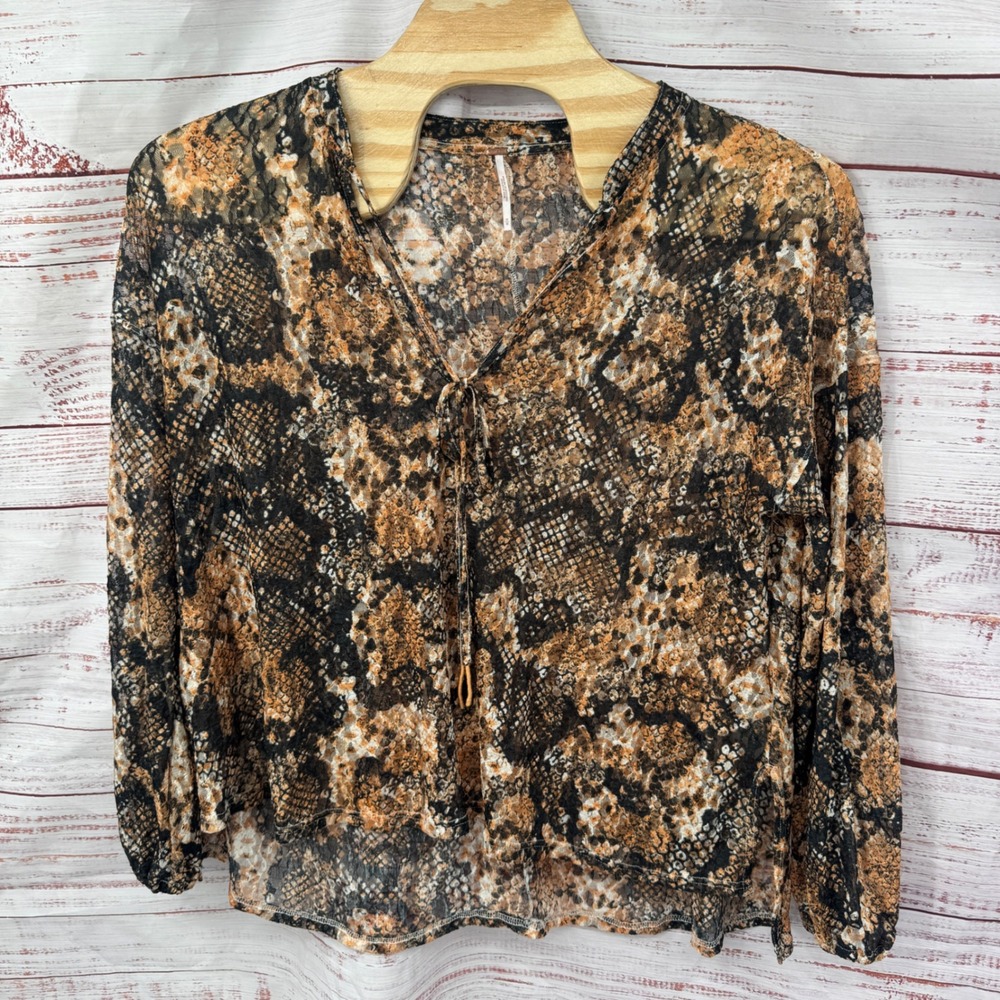 Free People Shirt Size Medium Snake Sheer Long Sleeve V Neck Tie Front Blouse‎